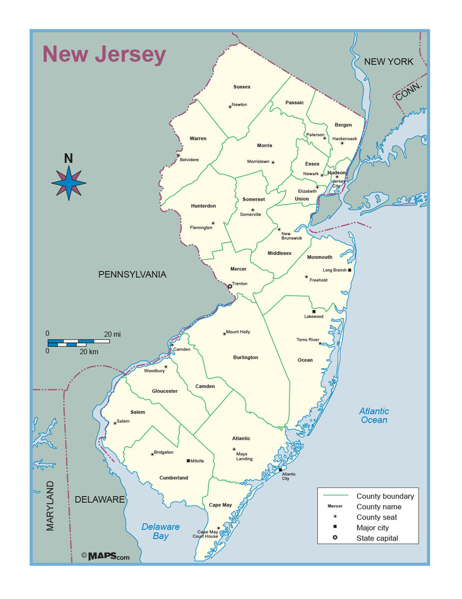 New Jersey County Outline Wall Map MAD MAPS New Jersey County Outline Wall Map MAD MAPS
