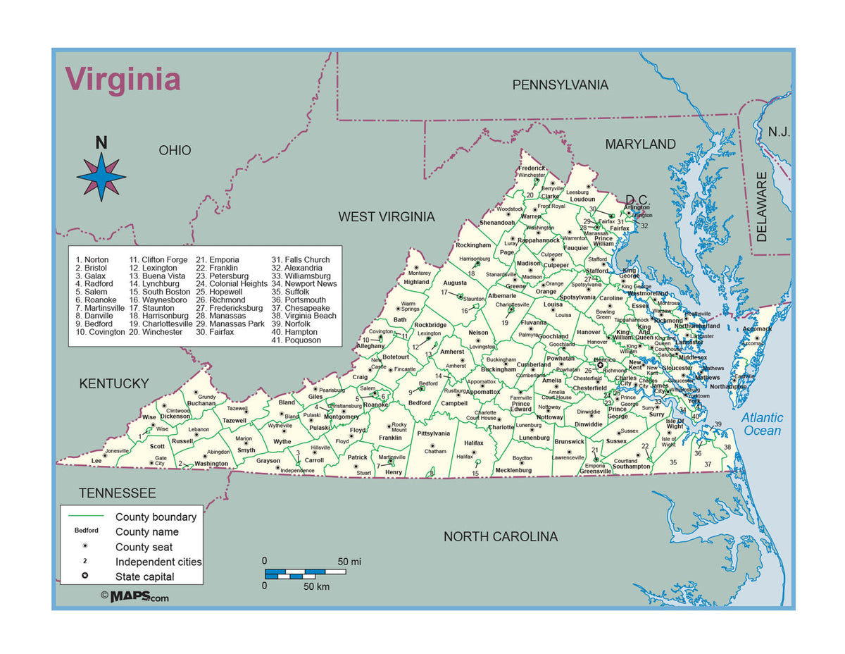 Virginia County Outline Wall Map MAD MAPS