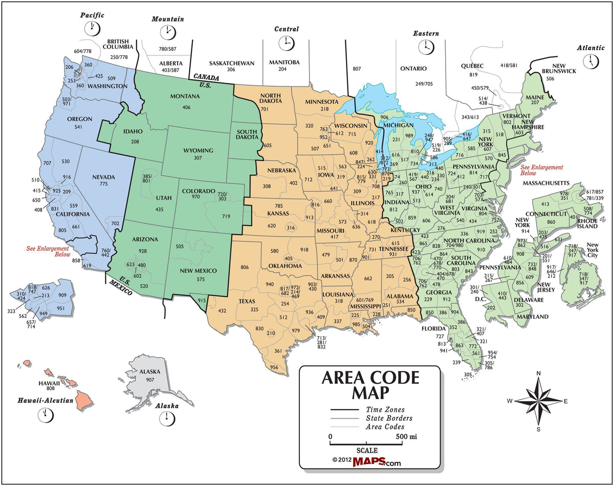 USA Area Code and Time Zone Wall Map – MAD MAPS