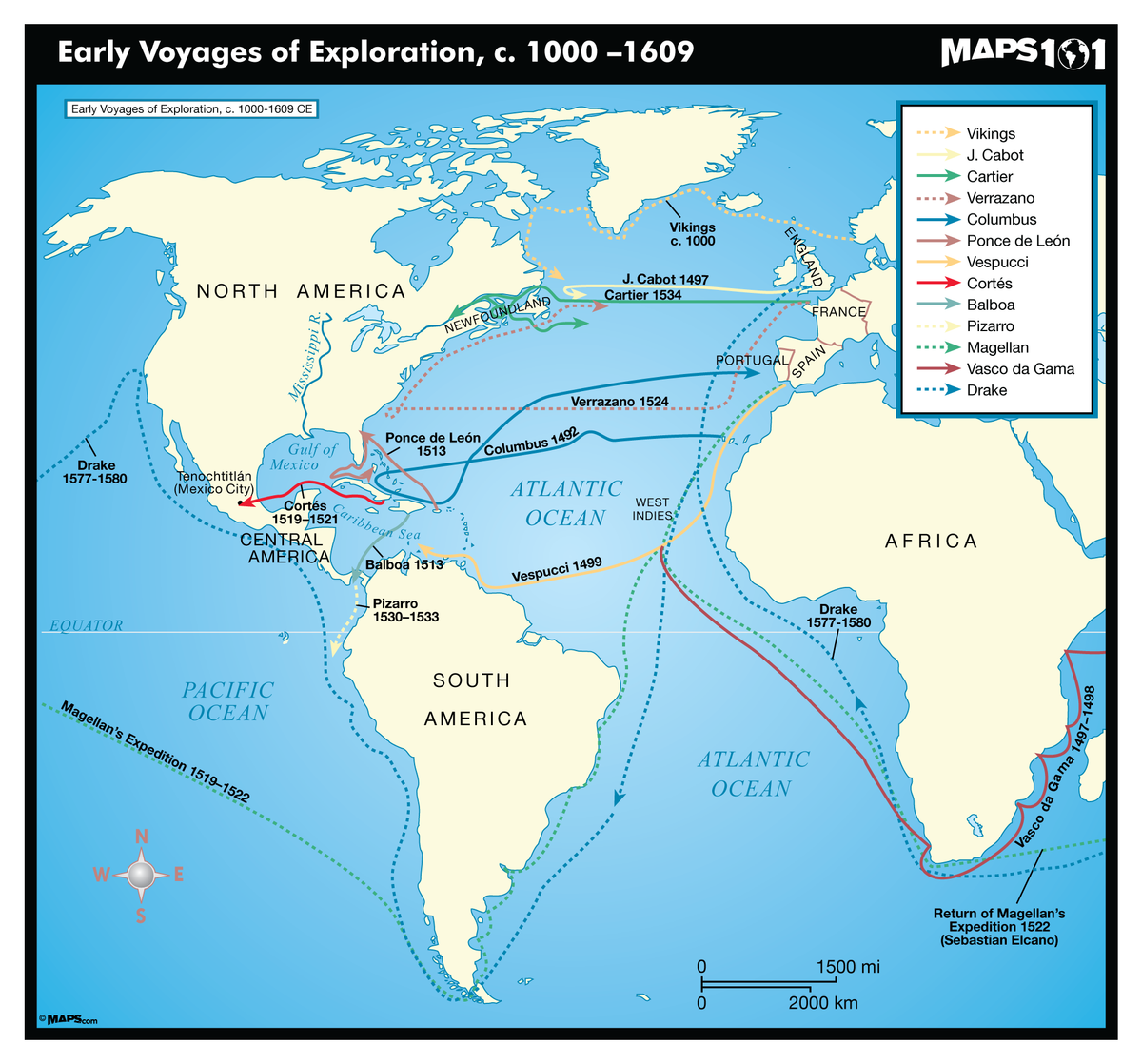 Map Of European Explorers Routes The Origins Of European Exploration