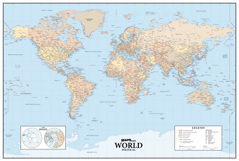 World Political Wall Map - Natural Colors