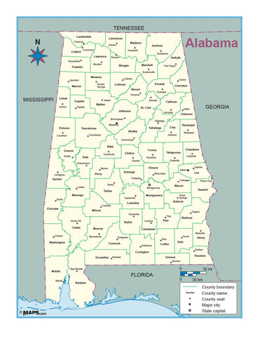 Alabama County Outline Wall Map