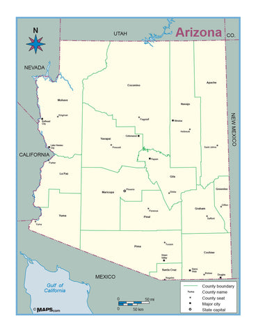 Arizona County Outline Wall Map