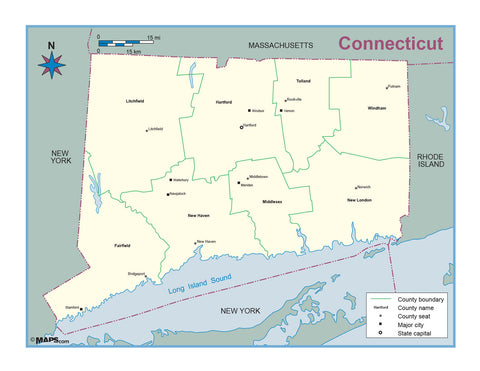 Connecticut County Outline Wall Map