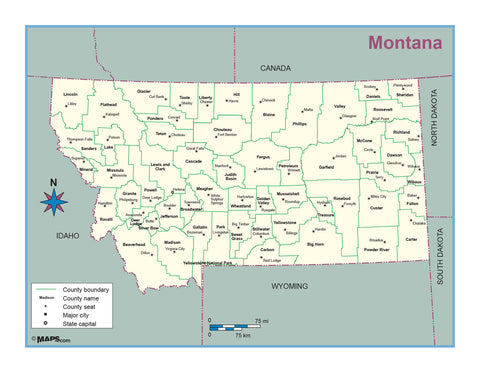 Montana County Outline Wall Map