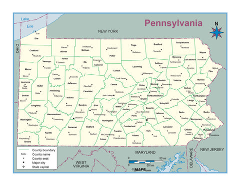 Pennsylvania County Outline Wall Map
