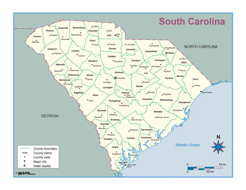 South Carolina County Outline Wall Map