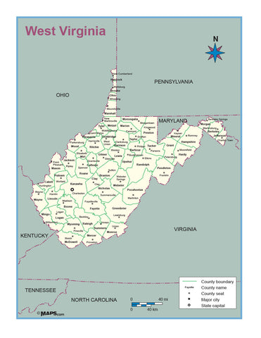 West Virginia County Outline Wall Map MAD MAPS
