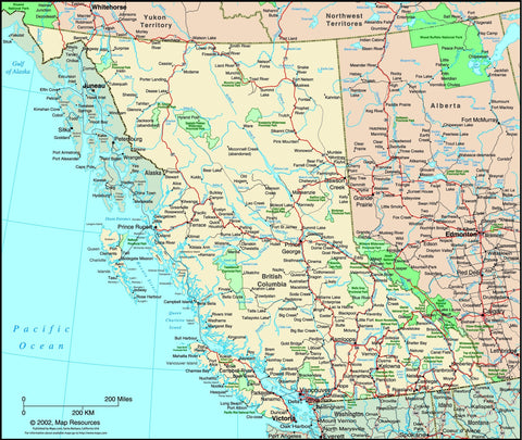 British Columbia, Canada Political Wall Map