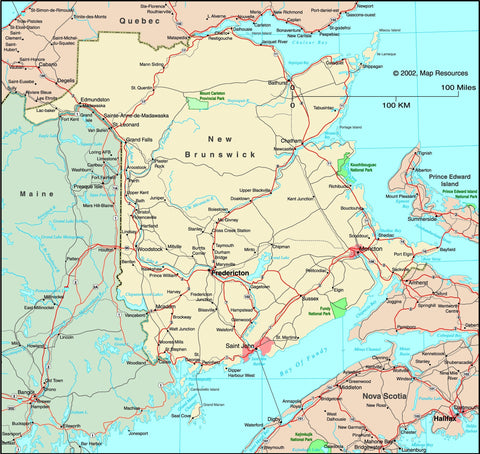 New Brunswick, Canada Political Wall Map