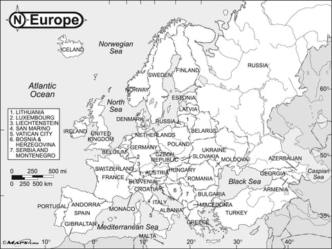 Europe Black & White Reference Map