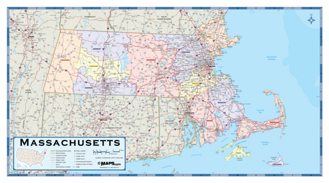 Massachusetts Counties Wall Map