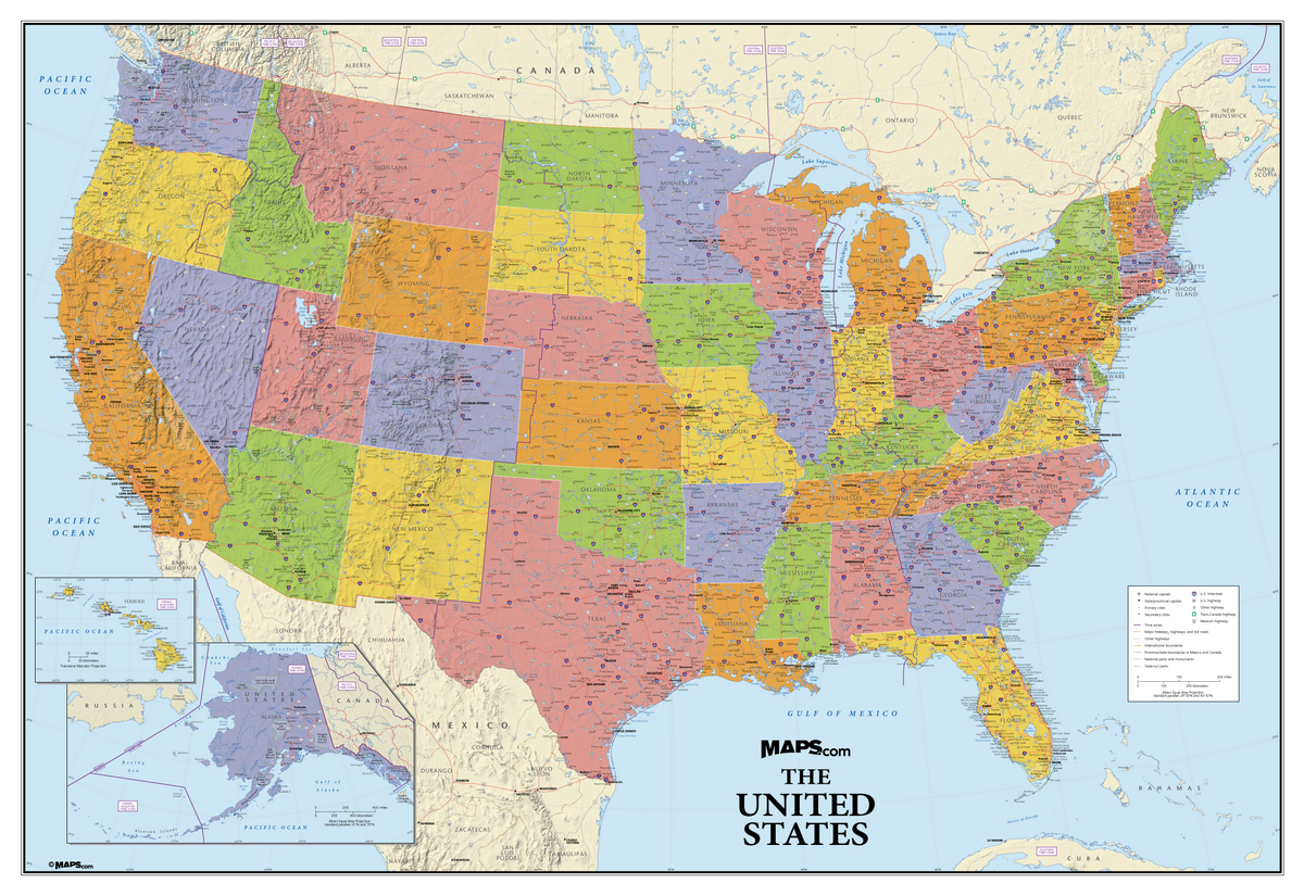 Usa Political Wall Map With Elevation Shading Mapscomcom