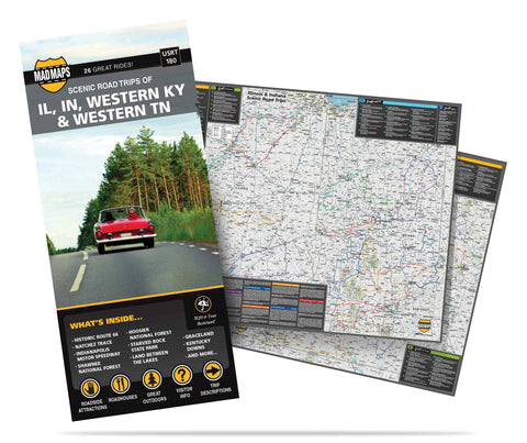Indiana - Illinois - W. Kentucky - W. Tennessee: 23 Scenic Road Trips on One Map - MAD MAPS